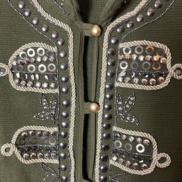 CHICOS MILITARY EMBELLISHED SWEATER JACKET CARDIGAN OLIVE L (12) - Picture 7 of 11